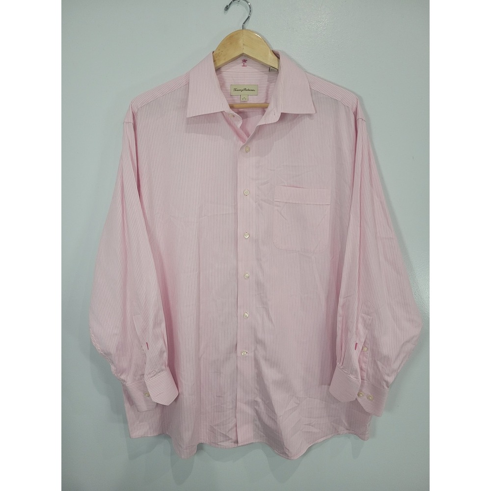 Tommy Bahama Mens Pink White Striped Cotton Button Down Shirt 17 32-33 Large